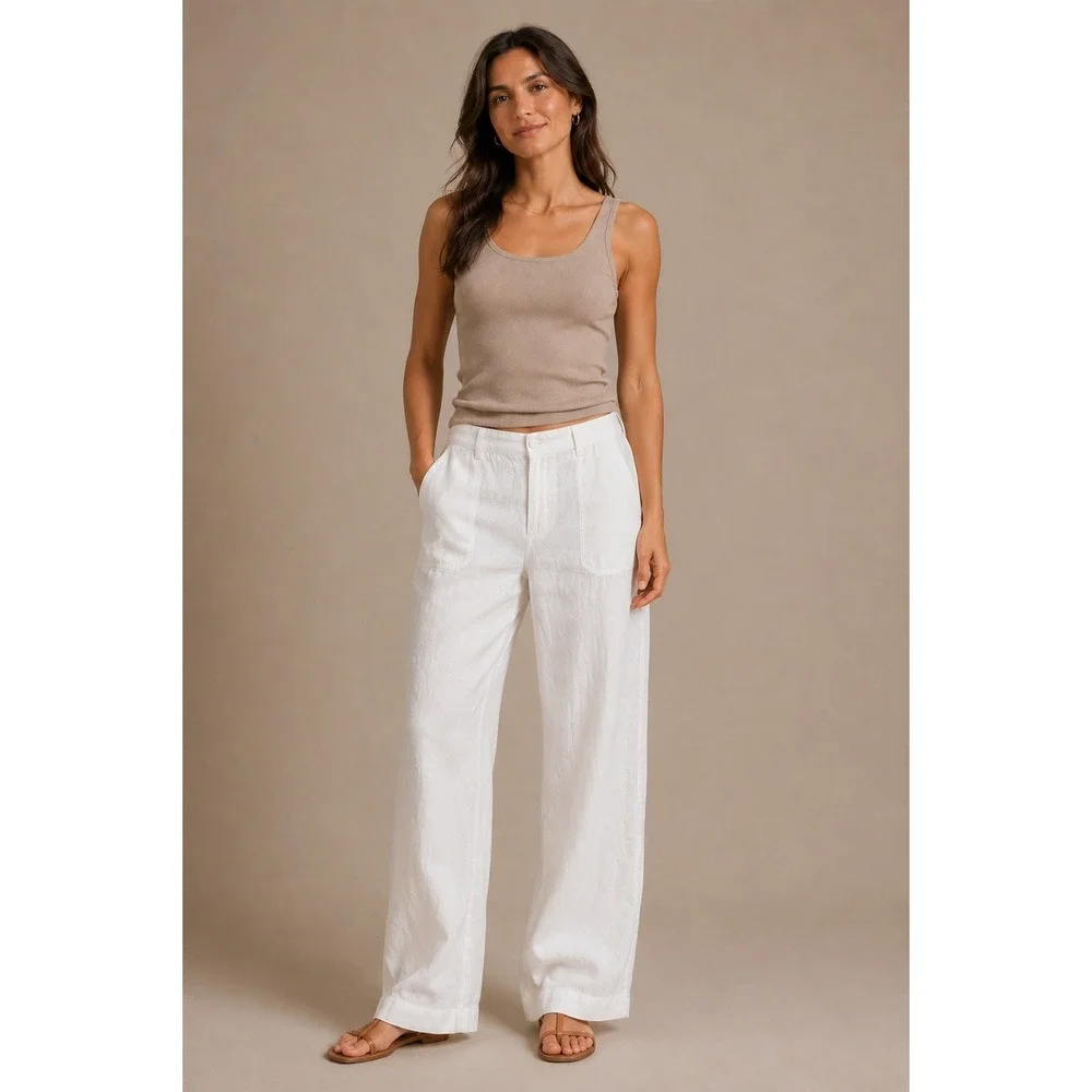 Banana Republic White 100% Linen Wide Leg Pants Womens 8 Casual Beach Trousers